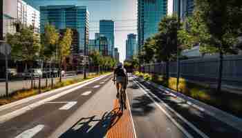 Free photo healthy cyclist speeds through city traffic rush hour generated by ai