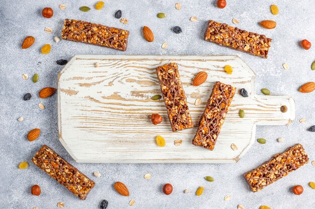 Healthy delicios granola bars with chocolate,muesli bars with nuts and dry fruits