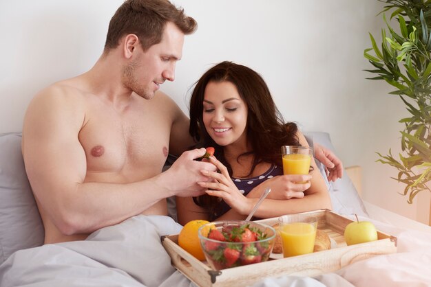 Healthy and delicious breakfast in bed