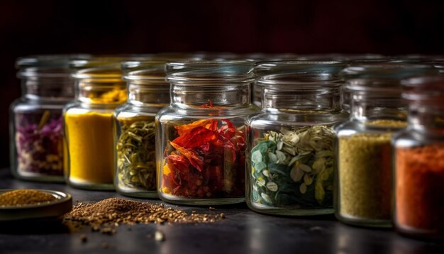 健康的な食事 AI が生成したさまざまな調味料用の新鮮な有機野菜のスパイス ジャー コレクション