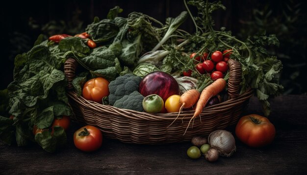 Здоровое питание Свежие овощи в деревенской плетеной корзине, созданной ИИ