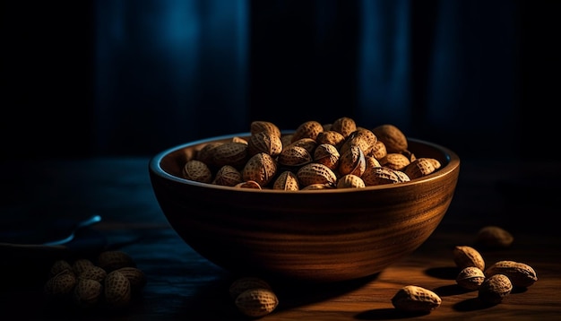 Free photo healthy eating nutritious nuts on rustic wooden plate generative ai