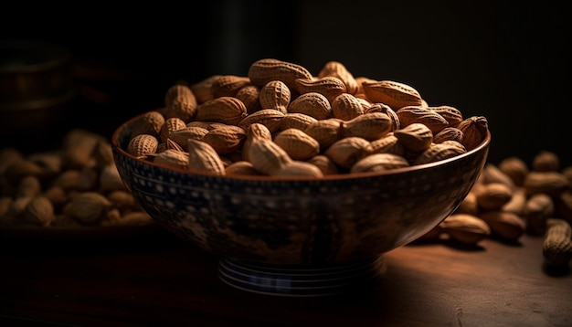 Free photo healthy eating nutty snacks in wooden bowl generative ai