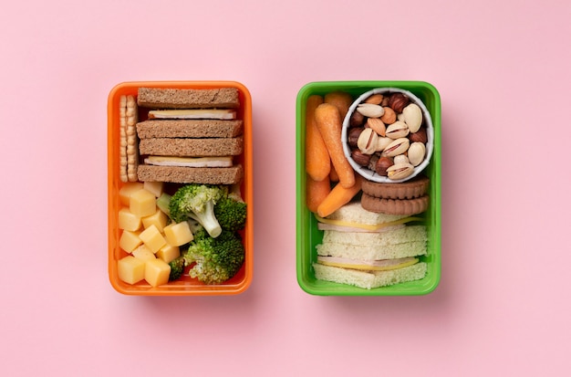 Healthy food boxes arrangement flat lay
