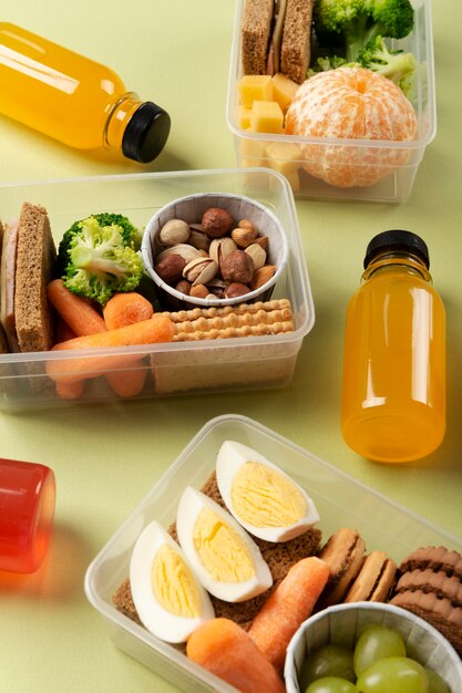 Healthy food boxes arrangement high angle