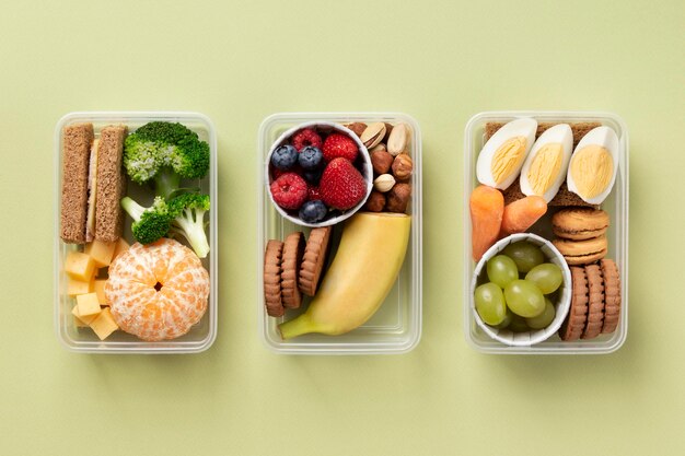 Healthy food boxes arrangement top view