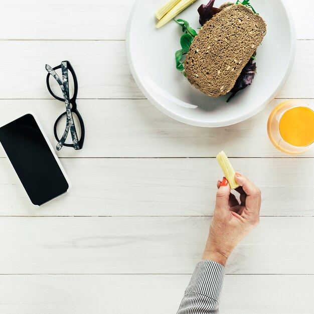 Healthy food composition with bread and orange juice