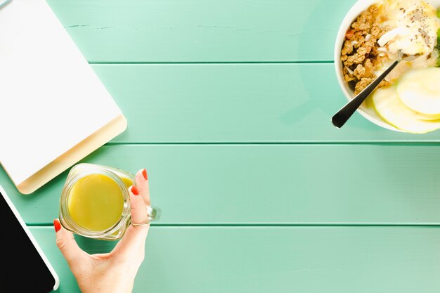 Healthy food concept with clipboard and copyspace