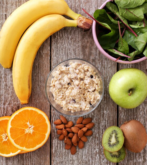 Healthy food, fruits and cereal