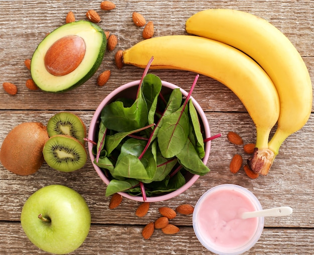 Healthy food, fruits and yoghurt