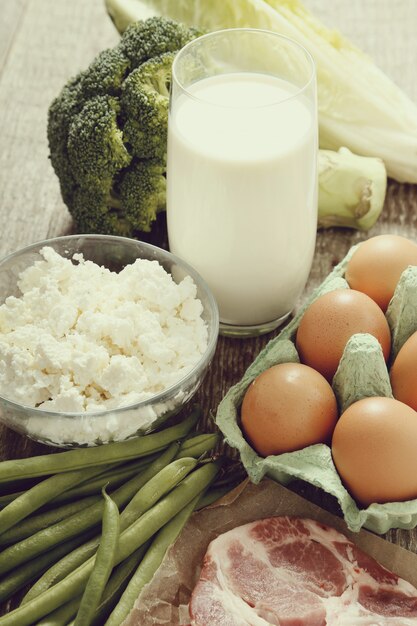 Healthy food ingredients on rustic table