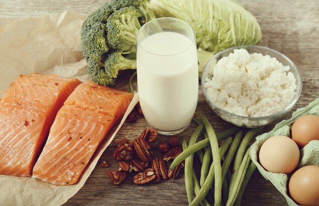 Healthy food ingredients on rustic table