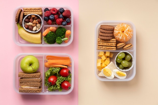 Healthy food lunch boxes arrangement above view