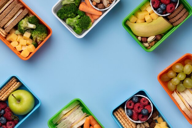 Healthy food lunch boxes assortment with copy space