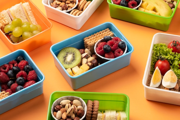 Healthy food lunch boxes high angle
