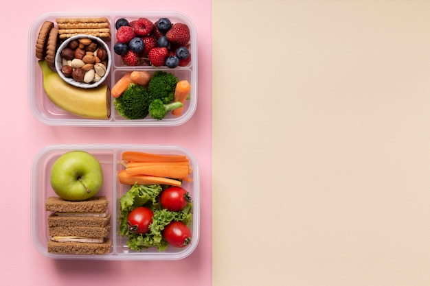 Healthy food lunch boxes with copy space