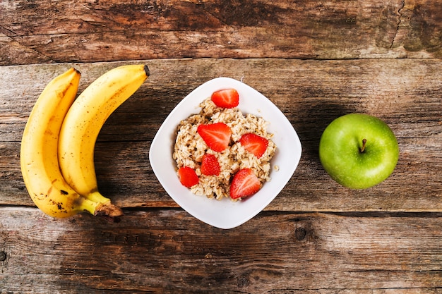 Healthy food on wooden table