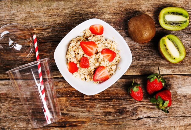 Healthy food on wooden table