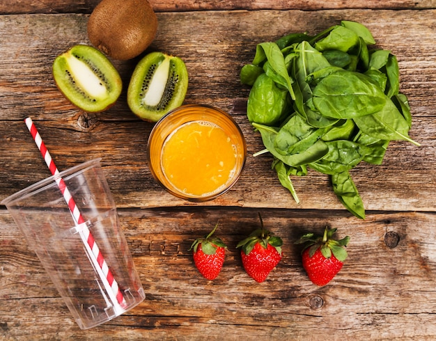 Healthy food on wooden table