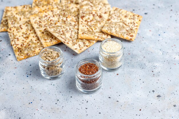 Healthy fresh baked gluten free crackers with seeds.