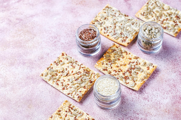 Healthy fresh baked gluten free crackers with seeds.