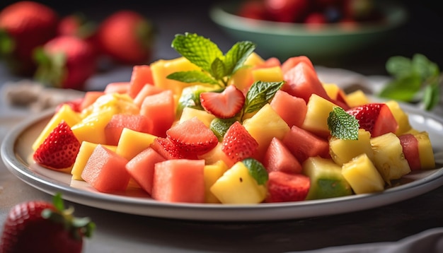 Free photo healthy fruit salad with ripe berries and melon generated by ai