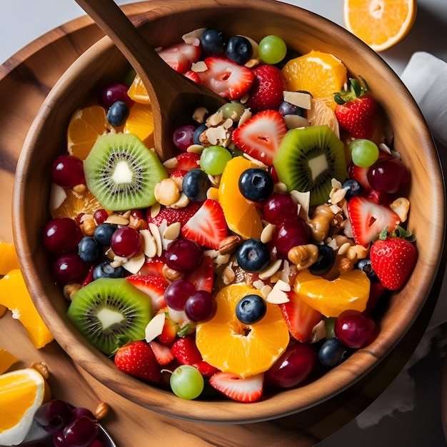 Healthy fruit salad in a wooden bowl on a dark background