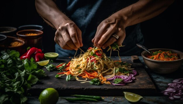 Здоровая изысканная еда со свежей пастой из морепродуктов, созданная искусственным интеллектом