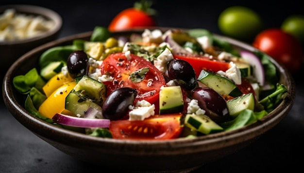 Полезный греческий салат со свежими овощами и фетой, созданный искусственным интеллектом