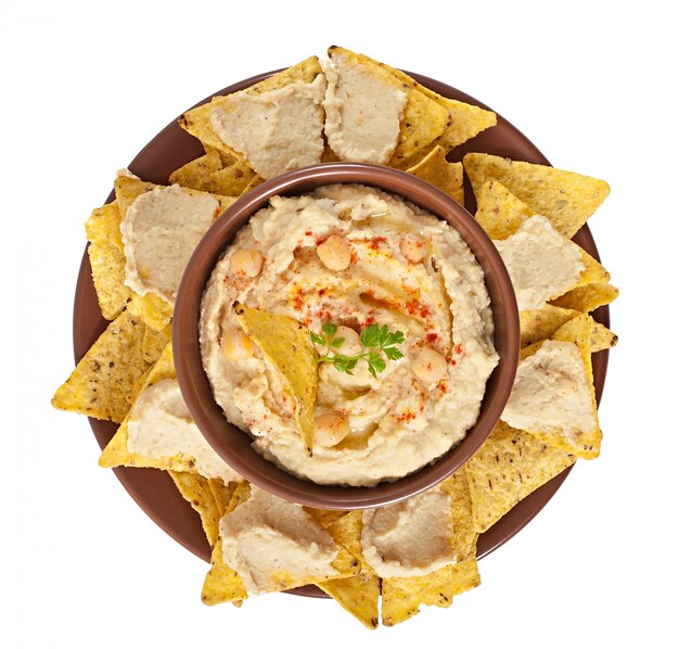 Healthy homemade  hummus with olive oil and pita chips