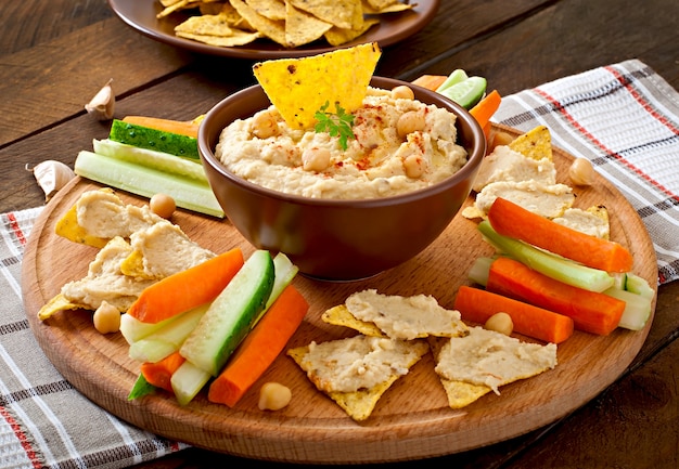 Healthy homemade  hummus with olive oil and pita chips