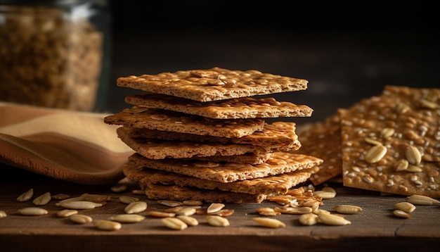 Foto gratuita una sana pila di biscotti di farina d'avena fatta in casa su un tavolo di legno rustico generato dall'intelligenza artificiale