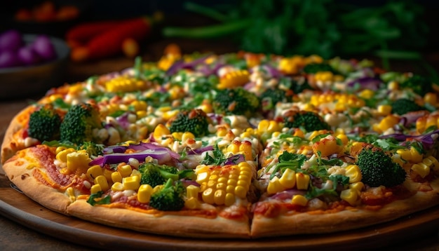 Free photo healthy homemade vegetarian pizza on rustic wood table generated by ai