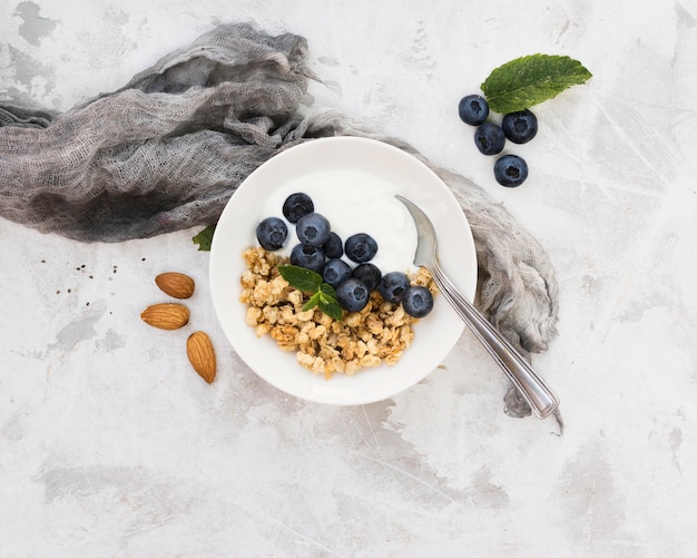 Healthy morning food flat lay