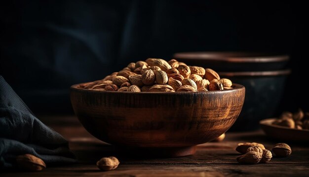 Healthy nuts and fruits on rustic table generated by AI