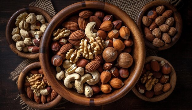 Healthy nuts in a rustic burlap bowl generated by AI