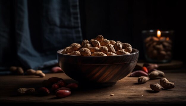 Healthy nuts in a rustic wooden bowl generated by AI