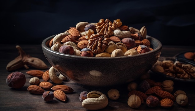 Free photo healthy nuts and seeds in rustic bowl generated by ai