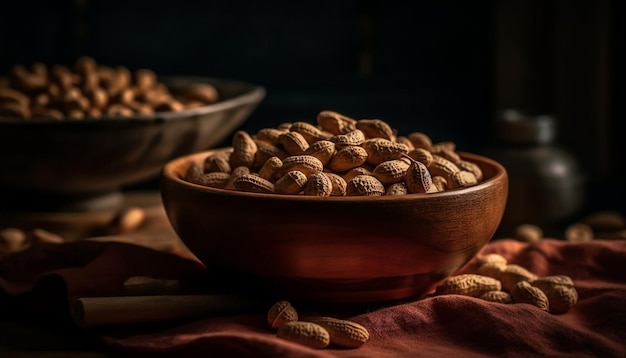 Free photo healthy nuts in wooden bowl on burlap generated by ai