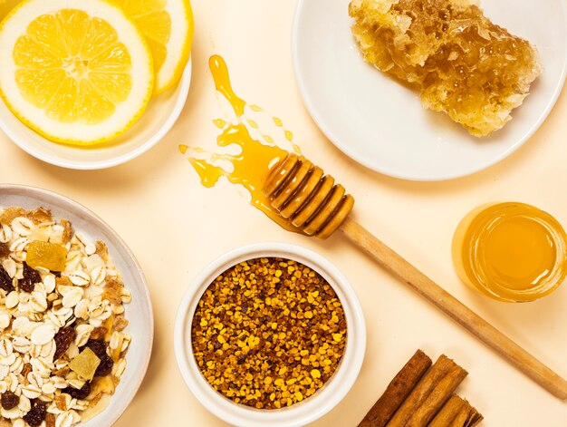 Healthy organic breakfast on white surface