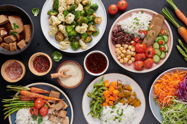 Healthy Organic Tofu and Rice Buddha Bowl with Veggies.