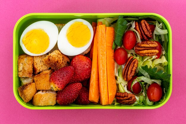 Healthy packed food arrangement flat lay