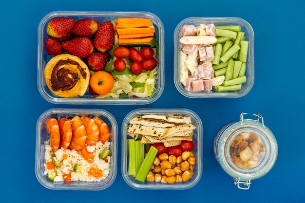 Healthy packed food arrangement above view