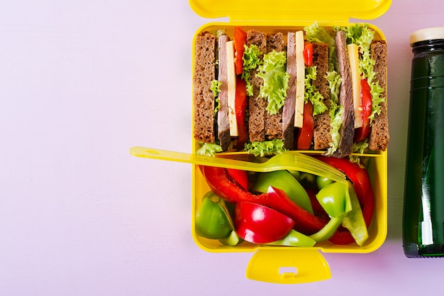 Healthy school lunch box with beef sandwich and fresh vegetables, bottle of water  on pink table. Top view. Flat lay