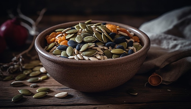 Free photo healthy snack pumpkin seeds almonds and granola generated by ai