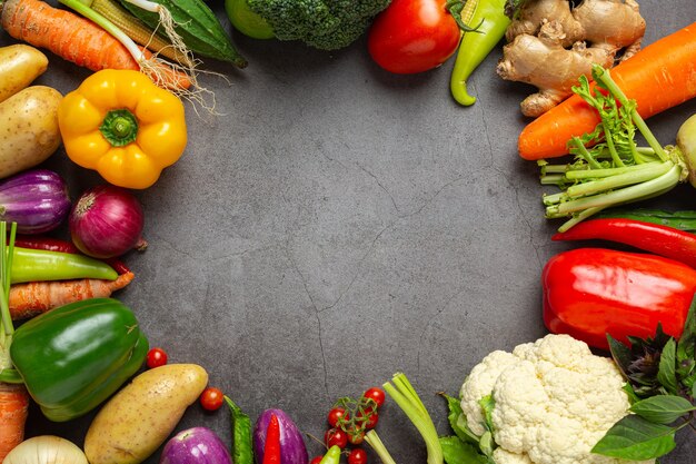 healthy vegetables on old dark background