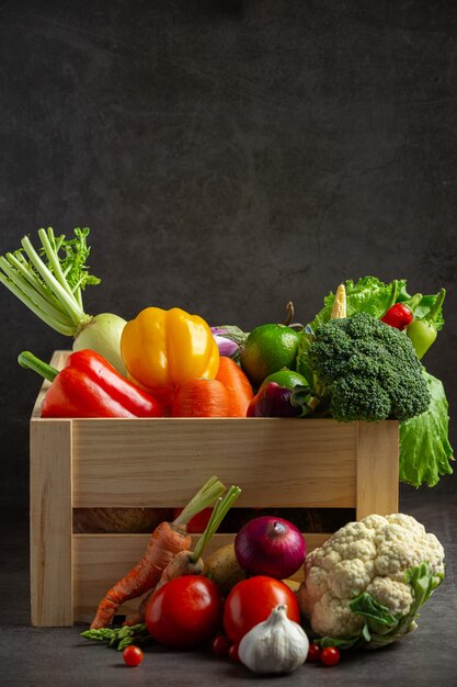 healthy vegetables on old dark background