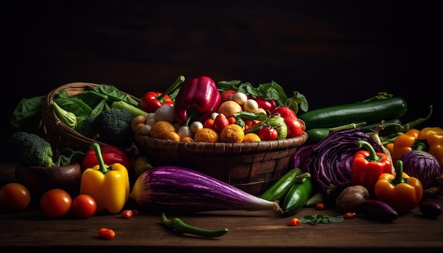 Healthy vegetables in wooden basket on table generated by AI