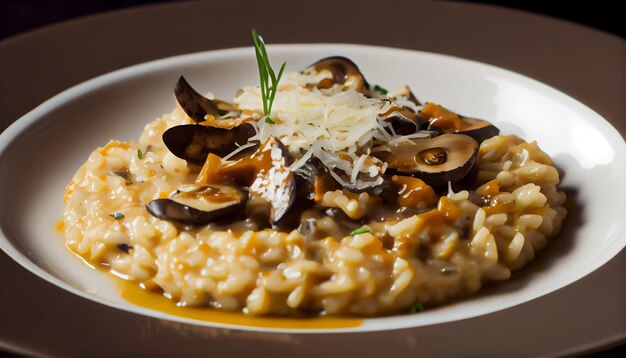Healthy vegetarian risotto with fresh edible mushrooms generated by AI
