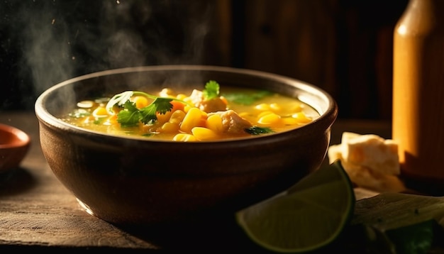 Healthy vegetarian soup in rustic wooden bowl generated by AI